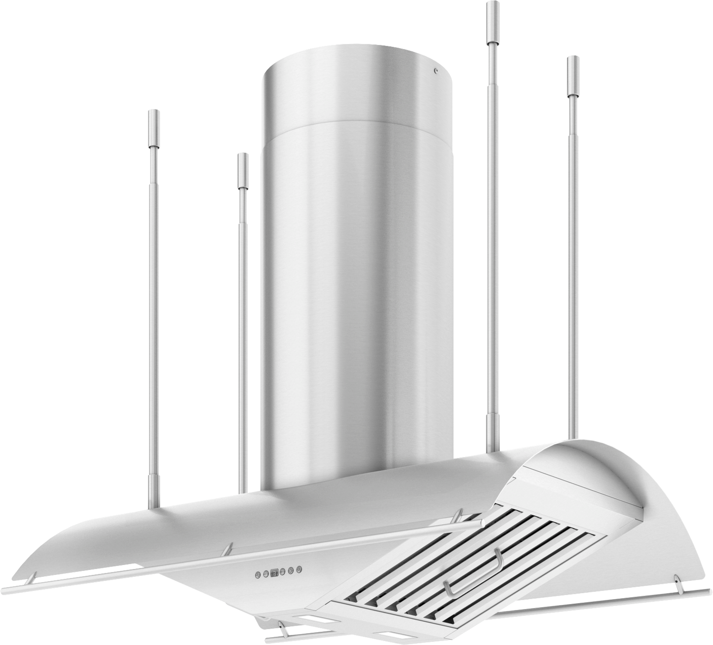 Suspended stainless steel range hood with a sleek curved canopy and directional LED lighting, part of Range Hoods and Kitchen & Kitchenware collections.