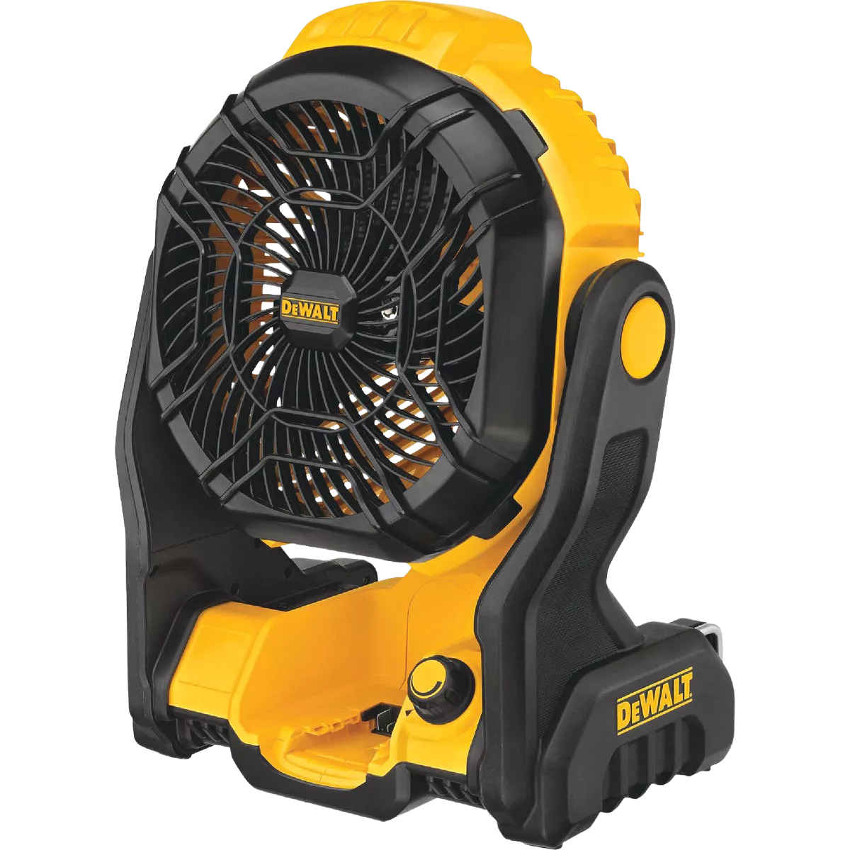 Compact yellow and black cordless jobsite fan with adjustable tilt, designed for tools and home improvement use