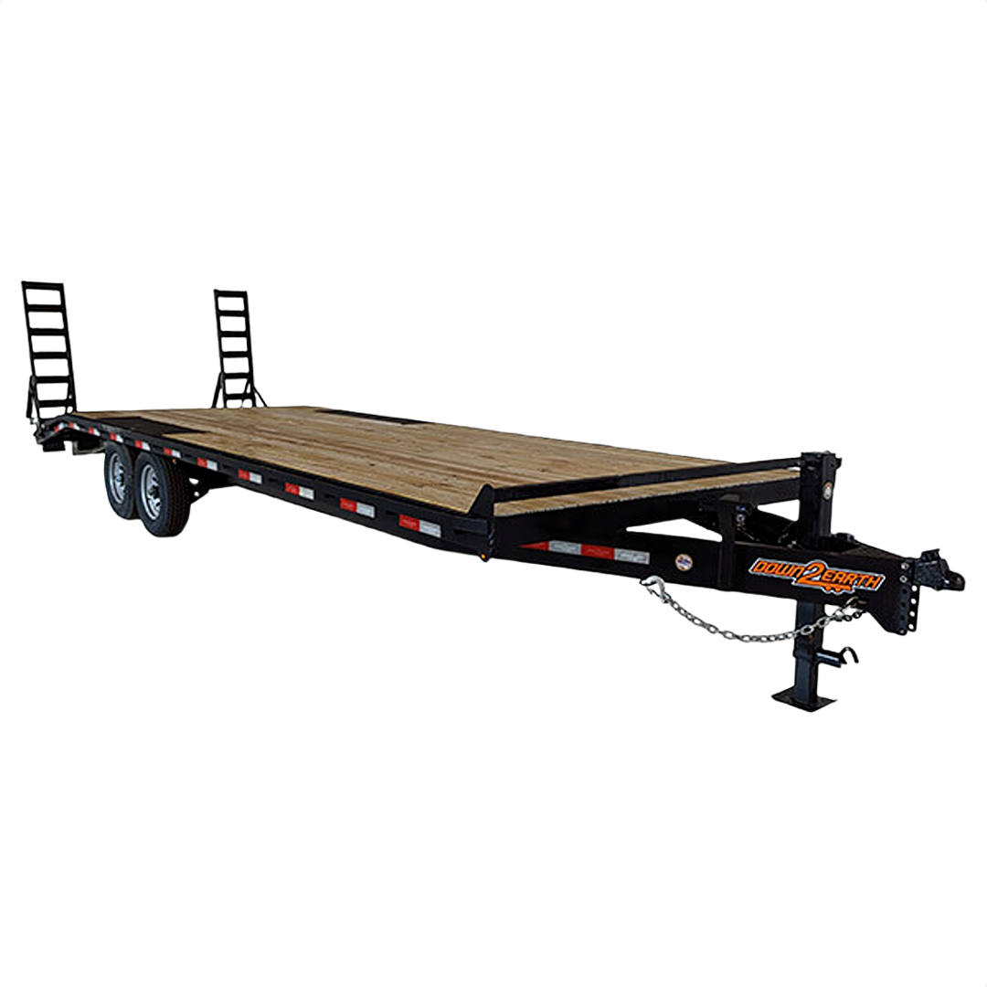 Steel frame deckover trailer with wooden deck, dual axles, and foldable loading ramps for heavy-duty hauling tasks