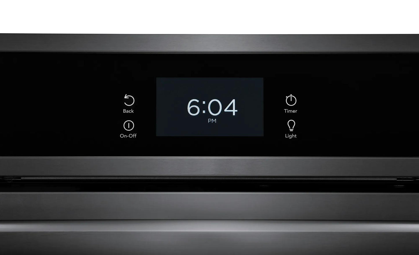 Digital touchscreen panel displaying time and control icons on stainless steel kitchen appliance from wall ovens collection