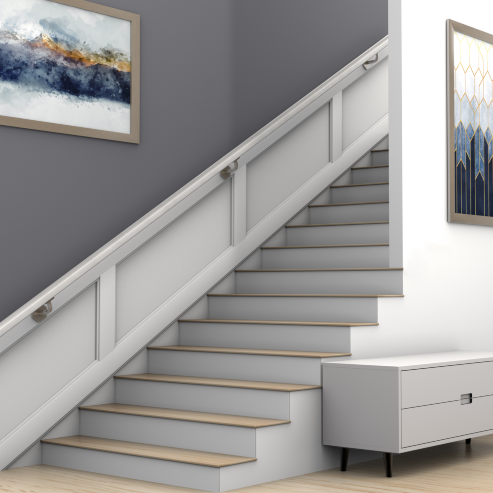 Satin nickel handrail brackets securing a wooden rail on stairway wall in modern home organization setting