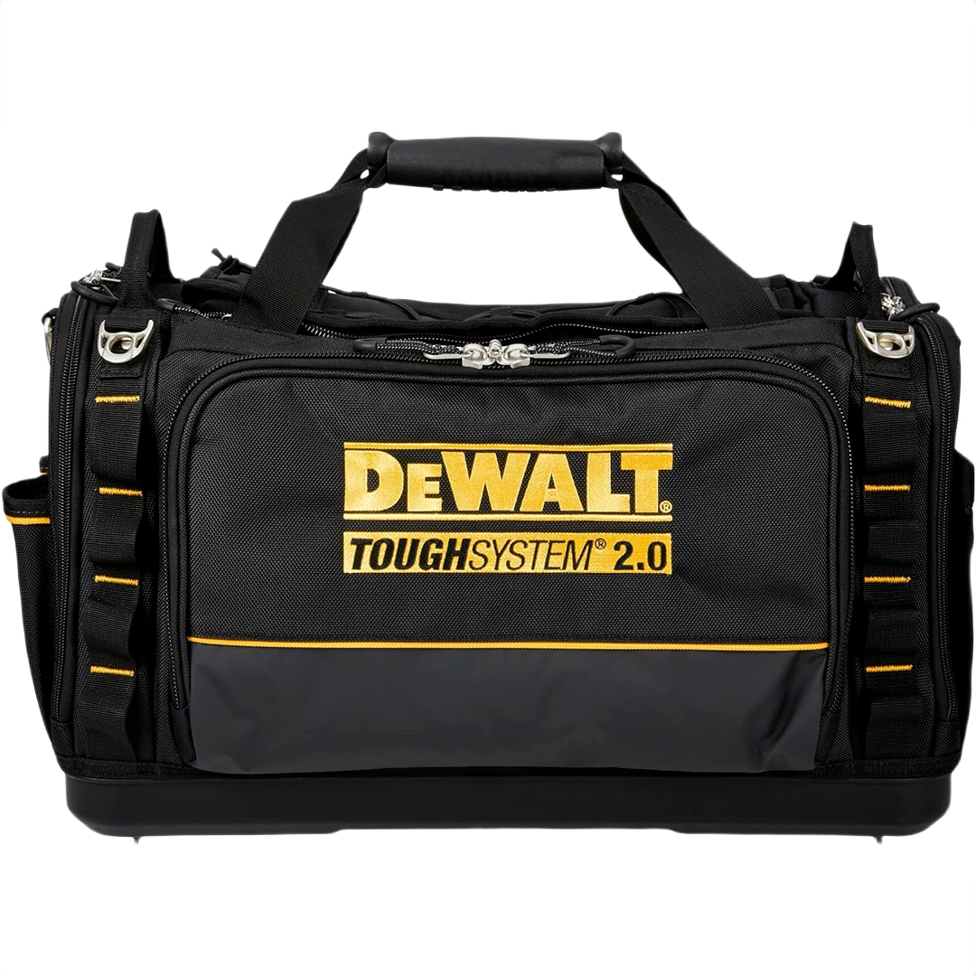 Black and yellow heavy-duty tool bag with multiple pockets and reinforced handles for organized jobsite storage and home improvement