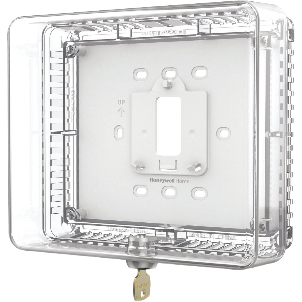 Clear locking thermostat guard with mounting plate and key for home improvement security and device protection