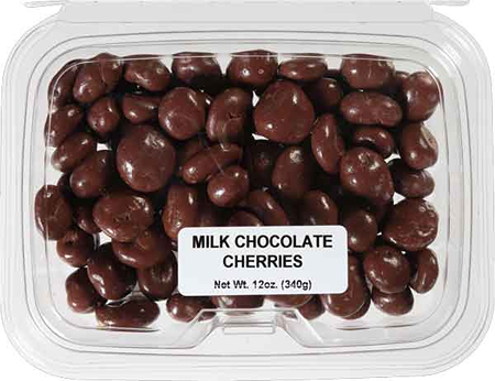 Clear plastic container filled with smooth milk chocolate-covered cherries in the Chocolates & Candies collection under $50