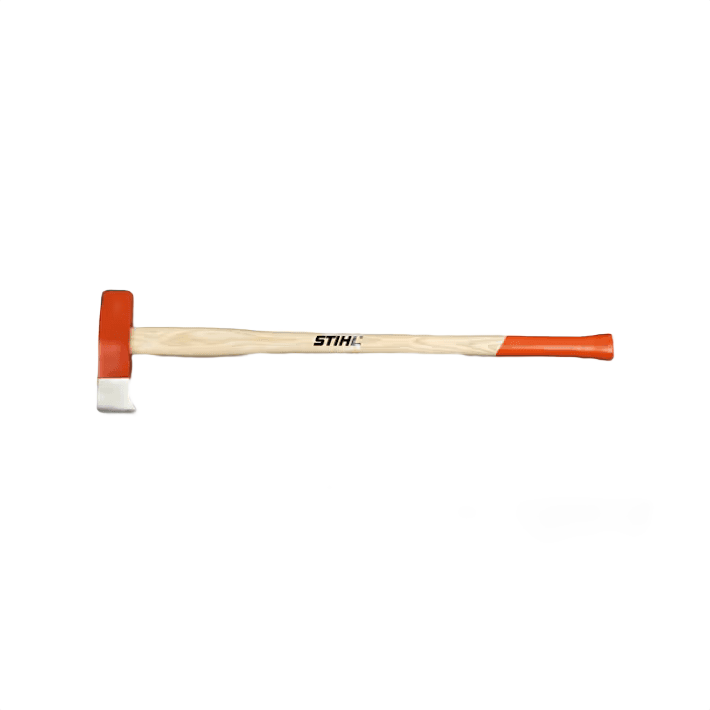 Wood-handled splitting maul with orange-painted steel head for woodcutting and home improvement tasks