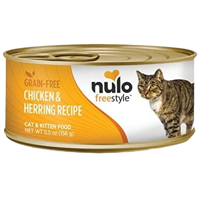 Can of grain-free chicken and herring cat food with a printed image of a tabby cat on the label