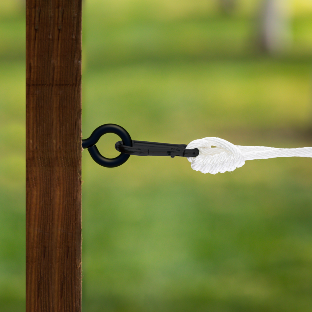 Black screw eye attached to wooden post securing white rope with clip in hardware, hooks & eyes, fasteners under $50 collection