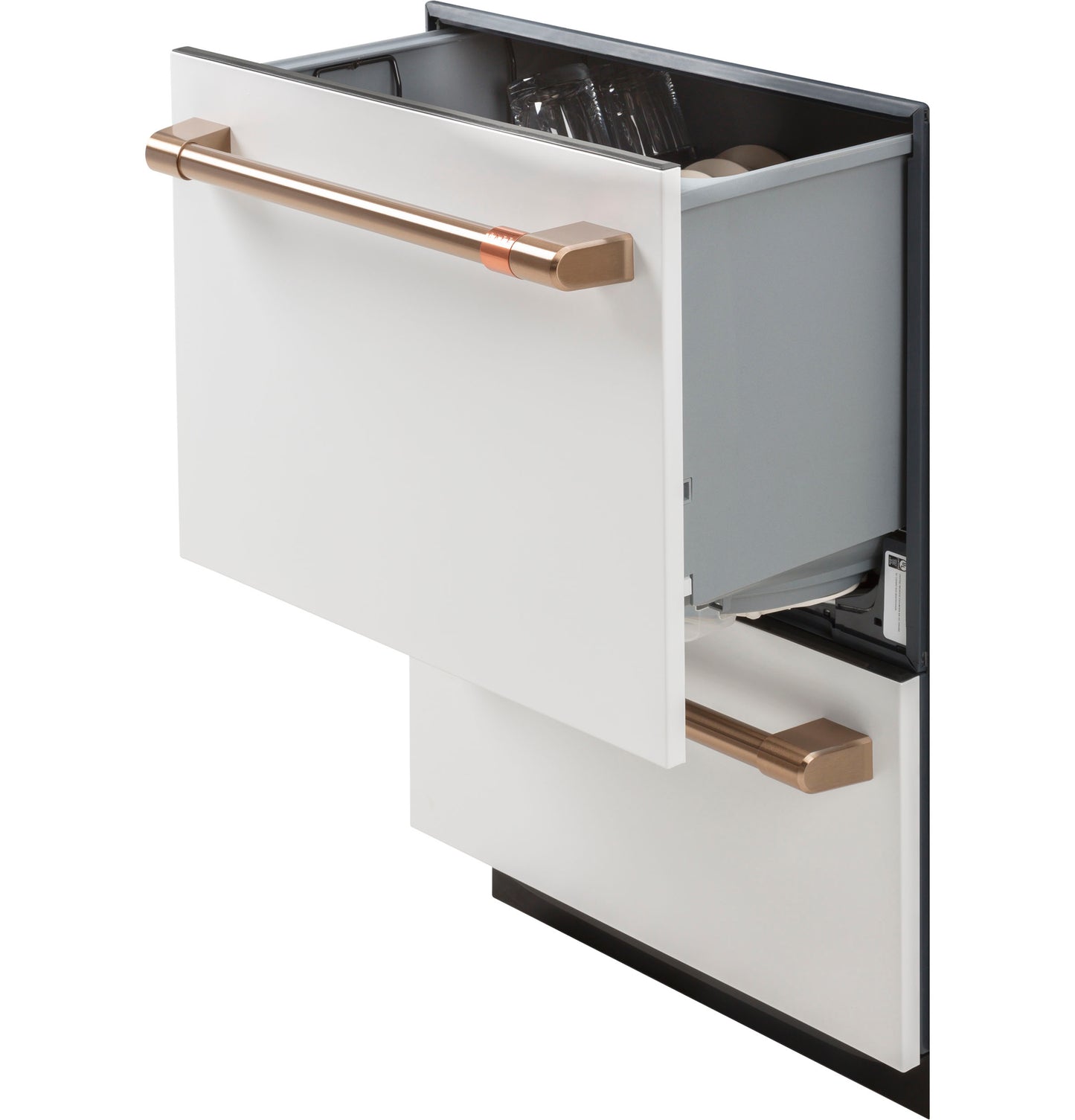 Partially open double drawer dishwasher with white panels and bronze handles in a modern kitchen setting