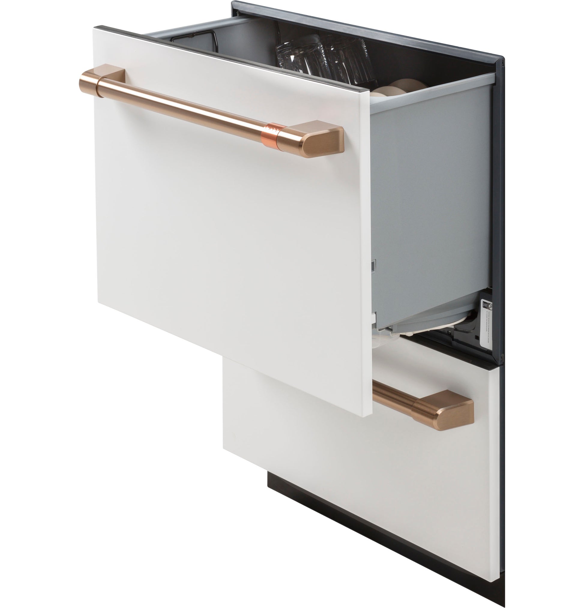 Partially open double drawer dishwasher with white panels and bronze handles in a modern kitchen setting