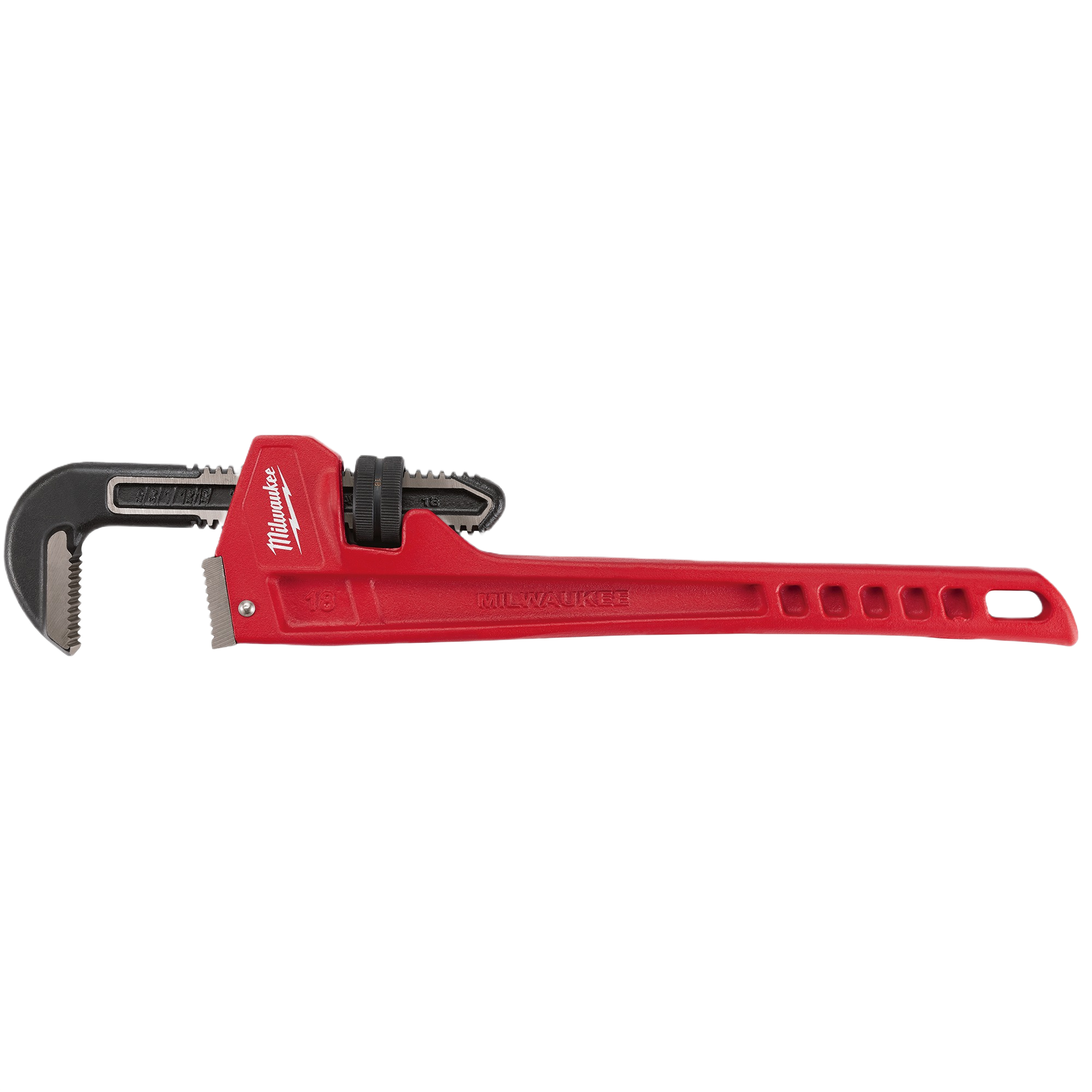 18-inch heavy-duty steel pipe wrench with durable red handle designed for tools and home improvement tasks