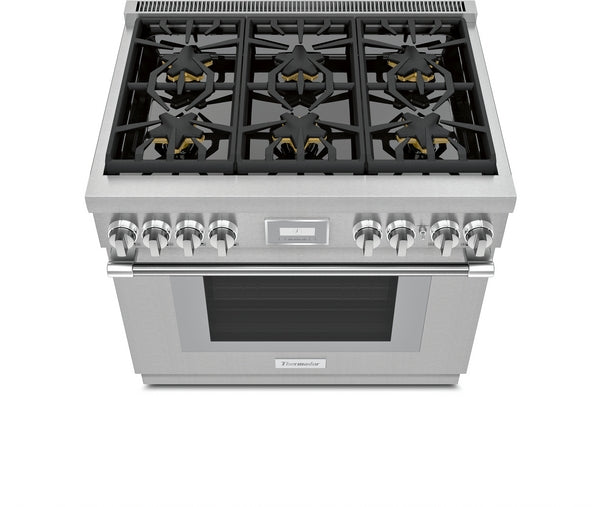 front view of stainless steel dual fuel range with six burners, control knobs, digital display, and oven window from Thermador