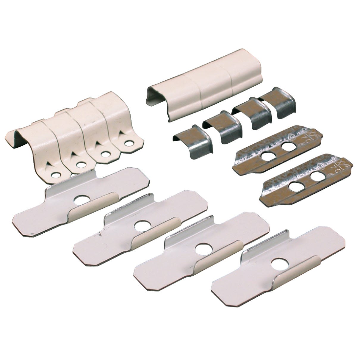 Set of metal and plastic mounting clips and straps for electrical wire channel installation and conduit fittings collections