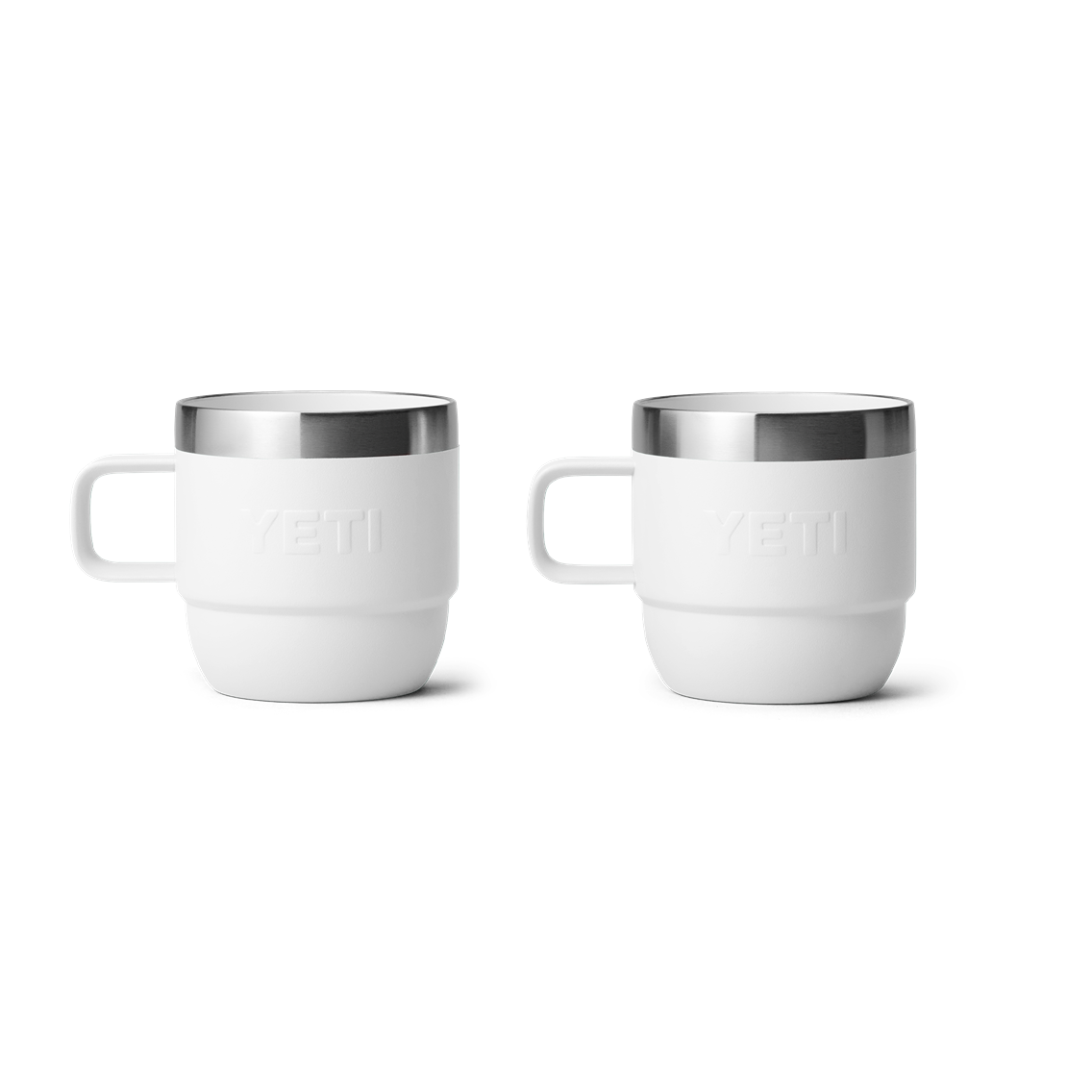 Two white stackable mugs with stainless steel rims from durable kitchenware and drinkware collections under $50 and under $100
