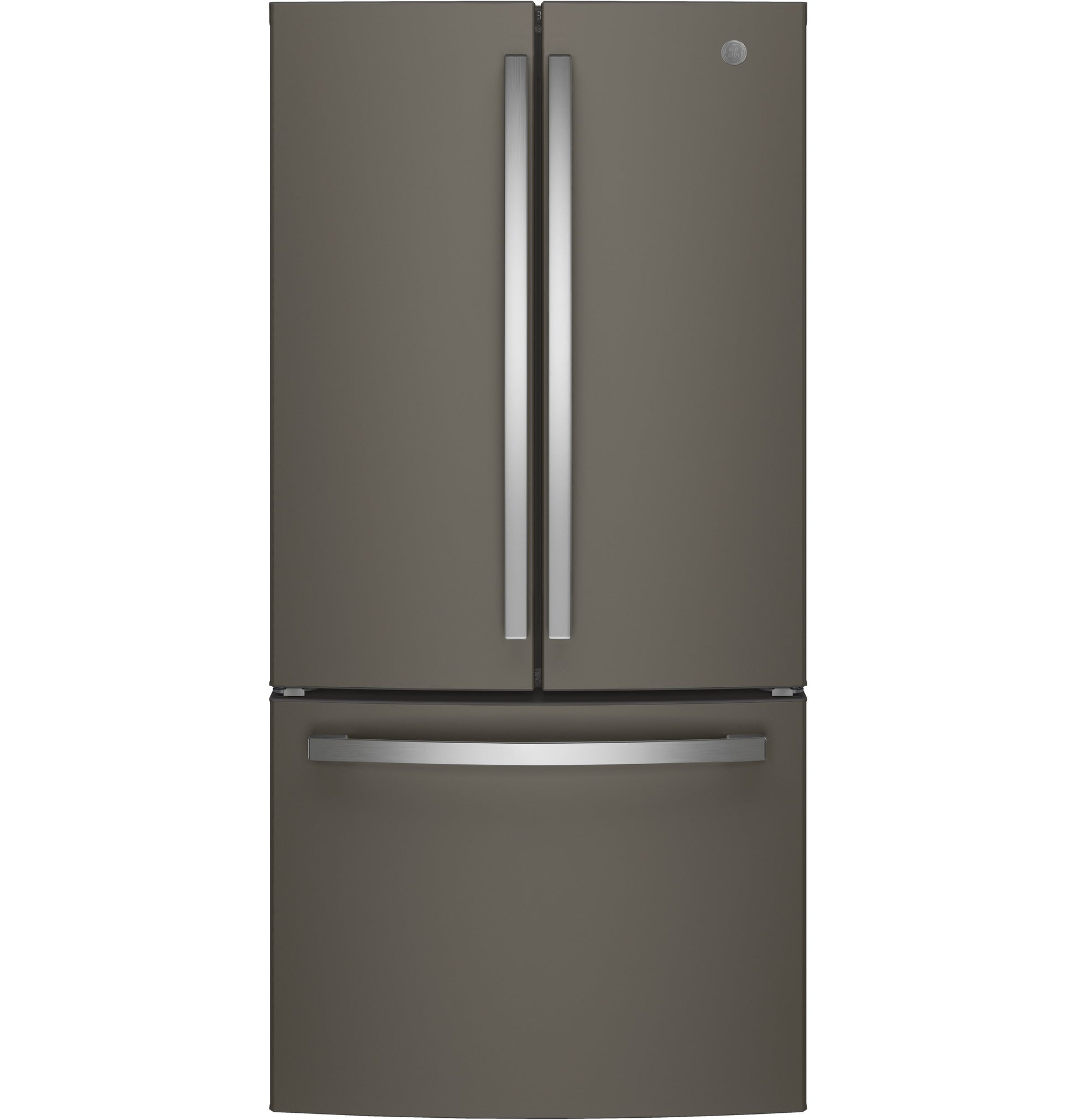 French-door refrigerator with matte gray finish, vertical handles, and lower freezer drawer in kitchen appliances collection