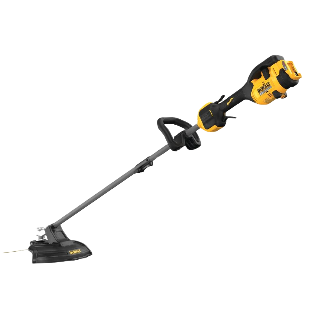 Yellow and black cordless string trimmer with 17-inch cutting swath for landscaping and home improvement tasks
