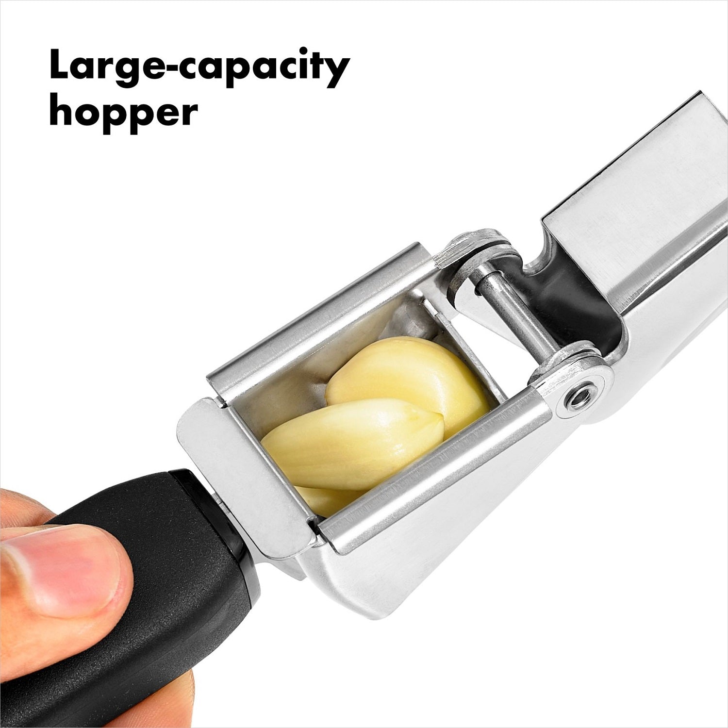 Garlic press with wide stainless steel hopper and black handle for kitchenware and cooking tools under $50 collections