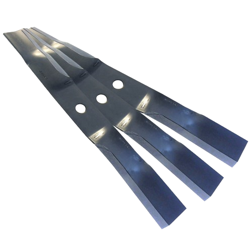 Set of three steel mulching mower blades with dual mounting holes for durable and efficient lawn maintenance tools and home improvement.