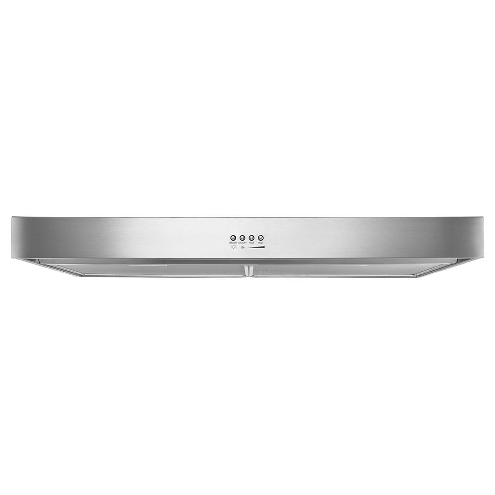 Stainless steel 24-inch range hood with full-width grease filters and control buttons from kitchen appliances collection