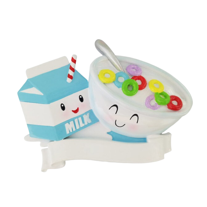 Whimsical cereal bowl with colorful loops and smiling milk carton ornament, festive Christmas tree decoration under $50
