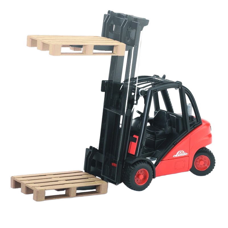 Red and black Bruder Linde HT160D stacker lifting two wooden pallets for Vehicles & Remote Controlled Toys collection