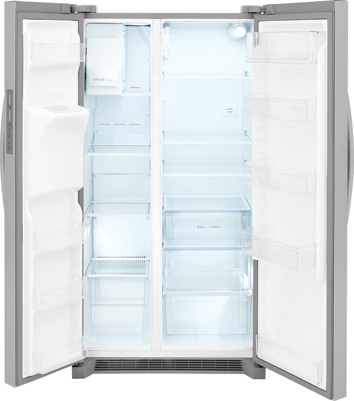 Open stainless steel counter-depth side-by-side refrigerator with adjustable shelves in appliances and kitchenware collection