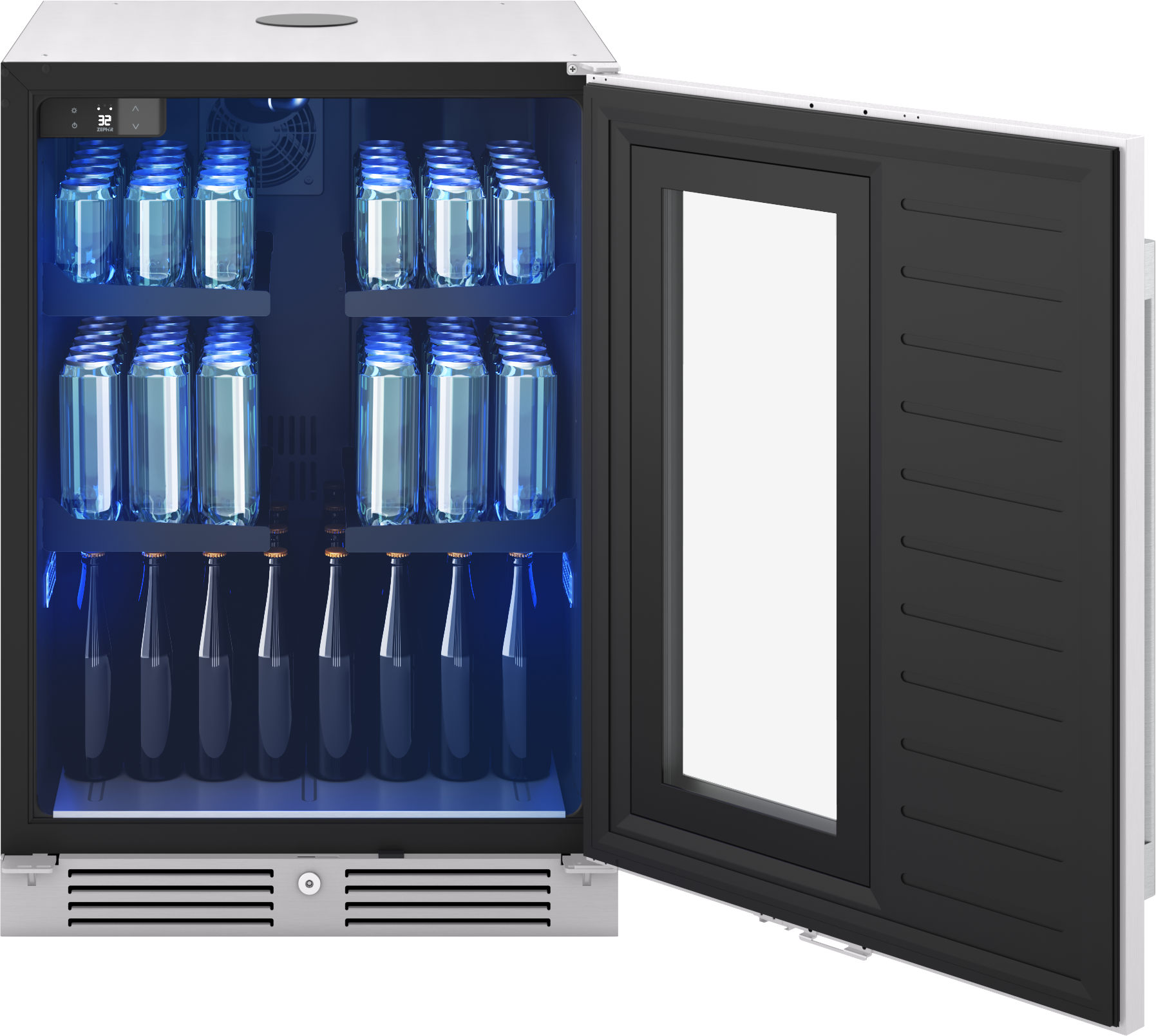 Open stainless steel beverage cooler with blue LED interior lighting and open door showing stocked cans and bottles