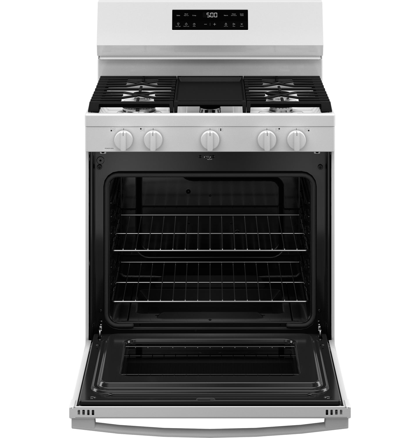 Front view of white free-standing gas range from kitchen appliances collection with open oven door and two wire racks inside