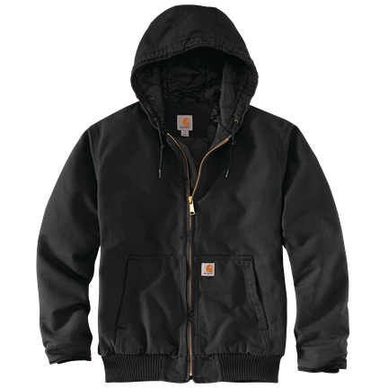 Black insulated hooded jacket with zip front and quilted lining for men's outerwear and clothing collections