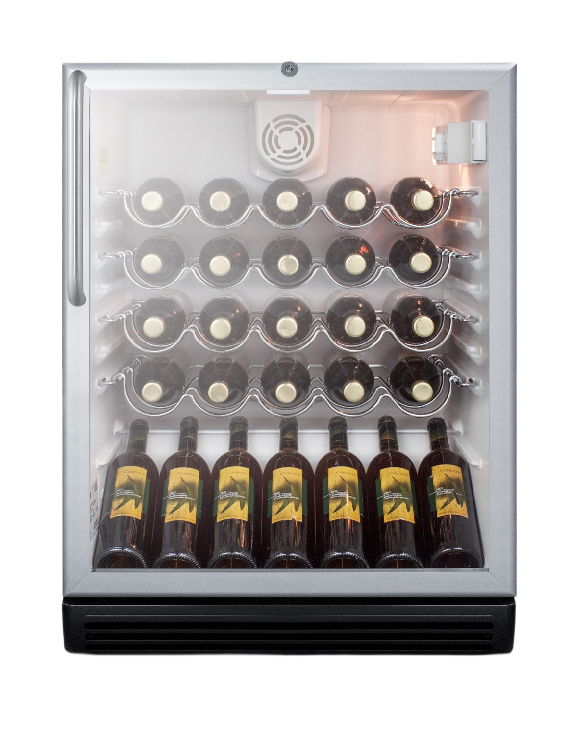 Compact built-in wine cellar with curved chrome racks and clear glass door, storing multiple wine bottles, shown in Refrigerators, Kitchen & Kitchenware, Beverage Centers, and Appliances at Hartville Hardware.