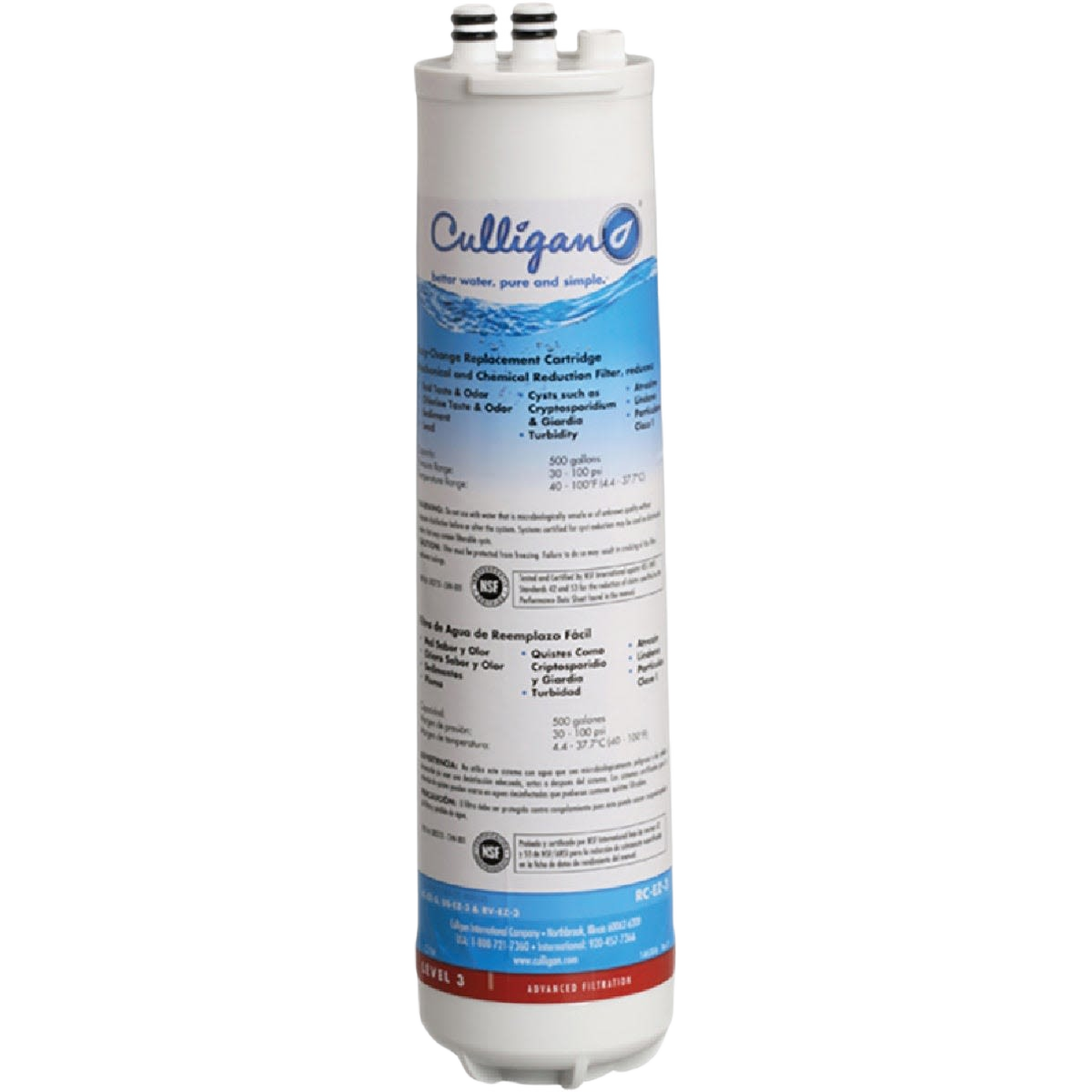 White cylindrical water filter cartridge with blue and red label for refrigerator and icemaker water purification