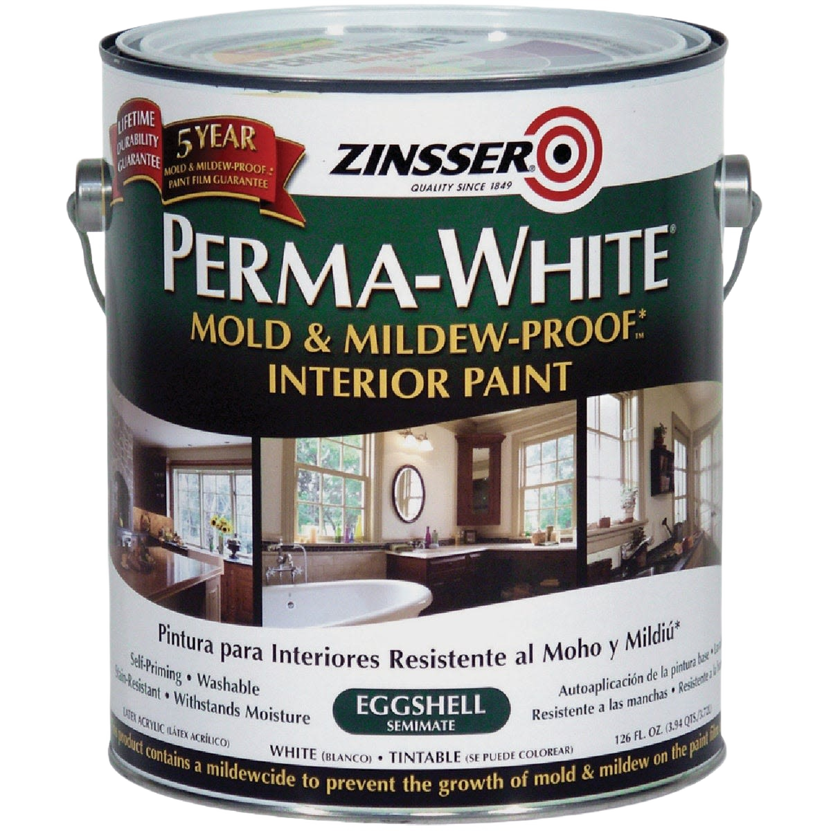 One-gallon can of Zinsser Perma-White eggshell interior paint, mold and mildew resistant, in Specialty Paint collection