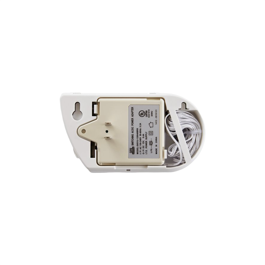 Back view of white plug-in carbon monoxide and gas alarm with attached power cord in electrical safety collection