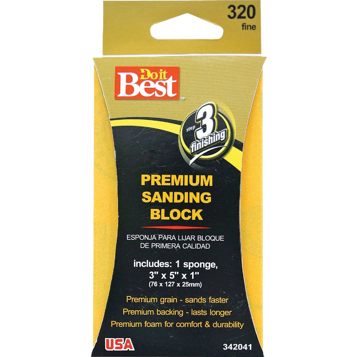 Yellow and black fine grit sanding block sponge for home improvement and tools with premium foam backing