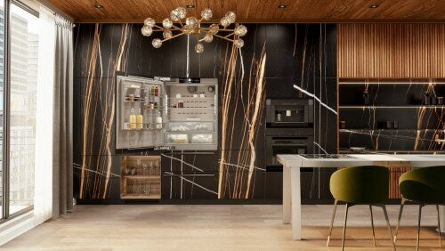 Built-in refrigerator/freezer with open door integrated into black marble cabinetry in modern kitchen and appliances collection