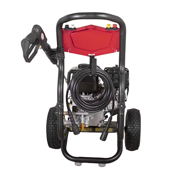 Pressure washer with black frame, red panel, coiled hose, spray gun, and large textured wheels for home improvement use