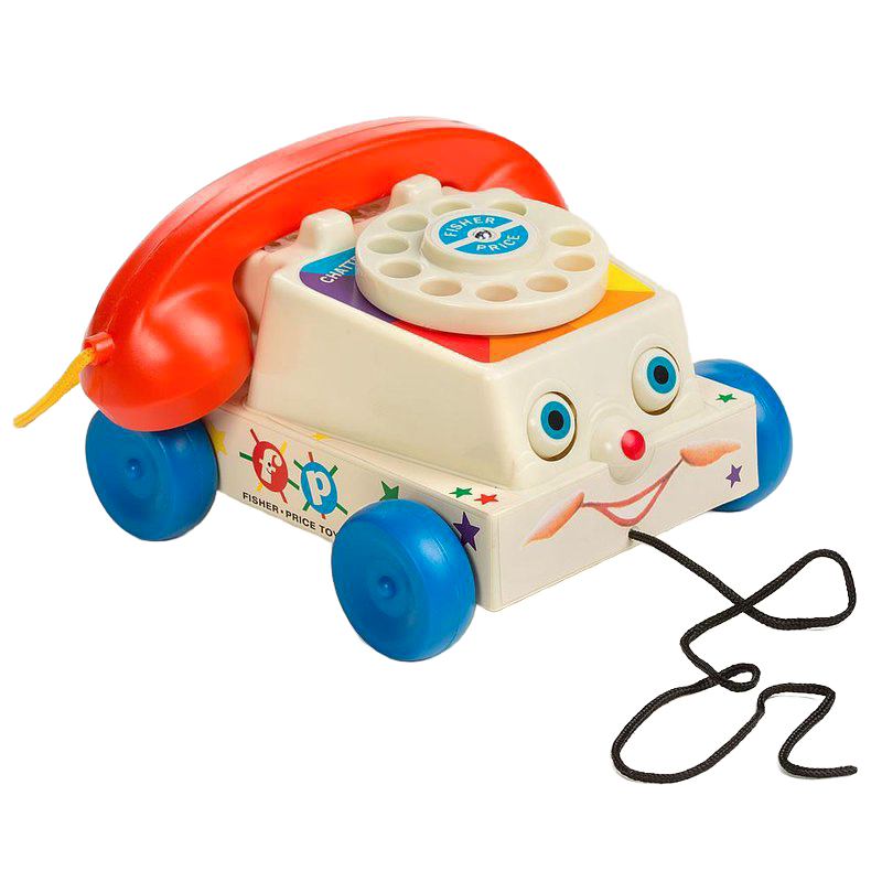 Vintage-style plastic toy phone with rotary dial, smiling face, pull string, and blue wheels in toys collection