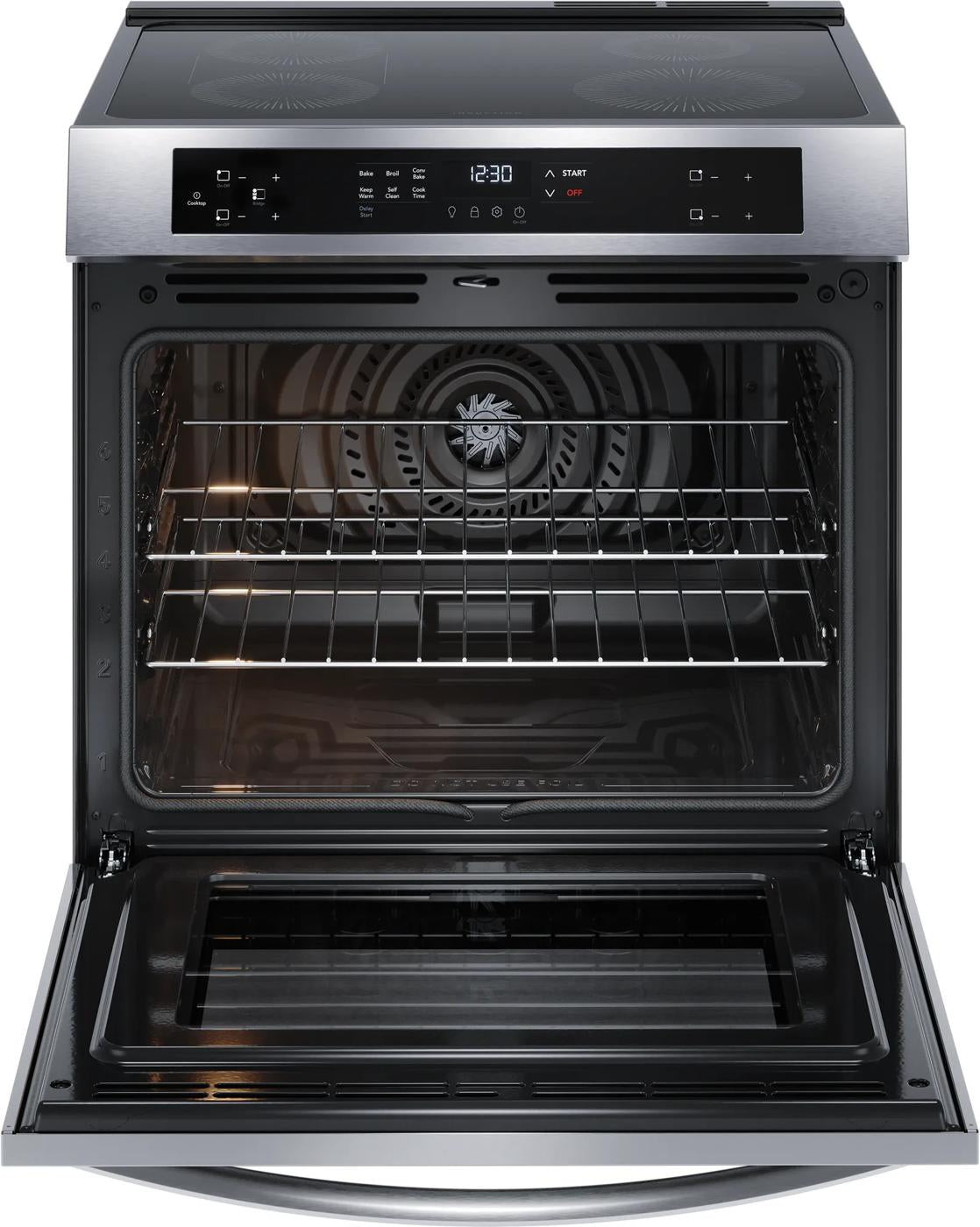 Front control induction range oven open showing convection fan, racks, and digital control panel from Ranges collection