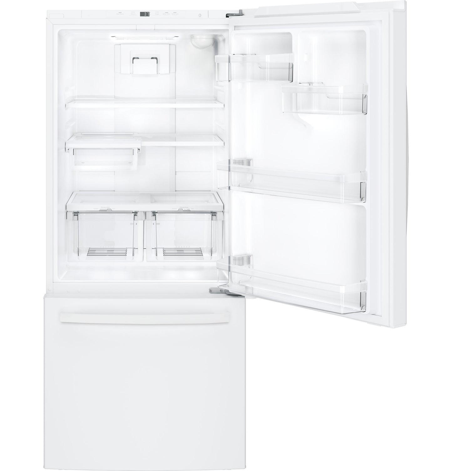 Open white bottom-freezer refrigerator with adjustable shelves and clear door bins from appliances and kitchen collections