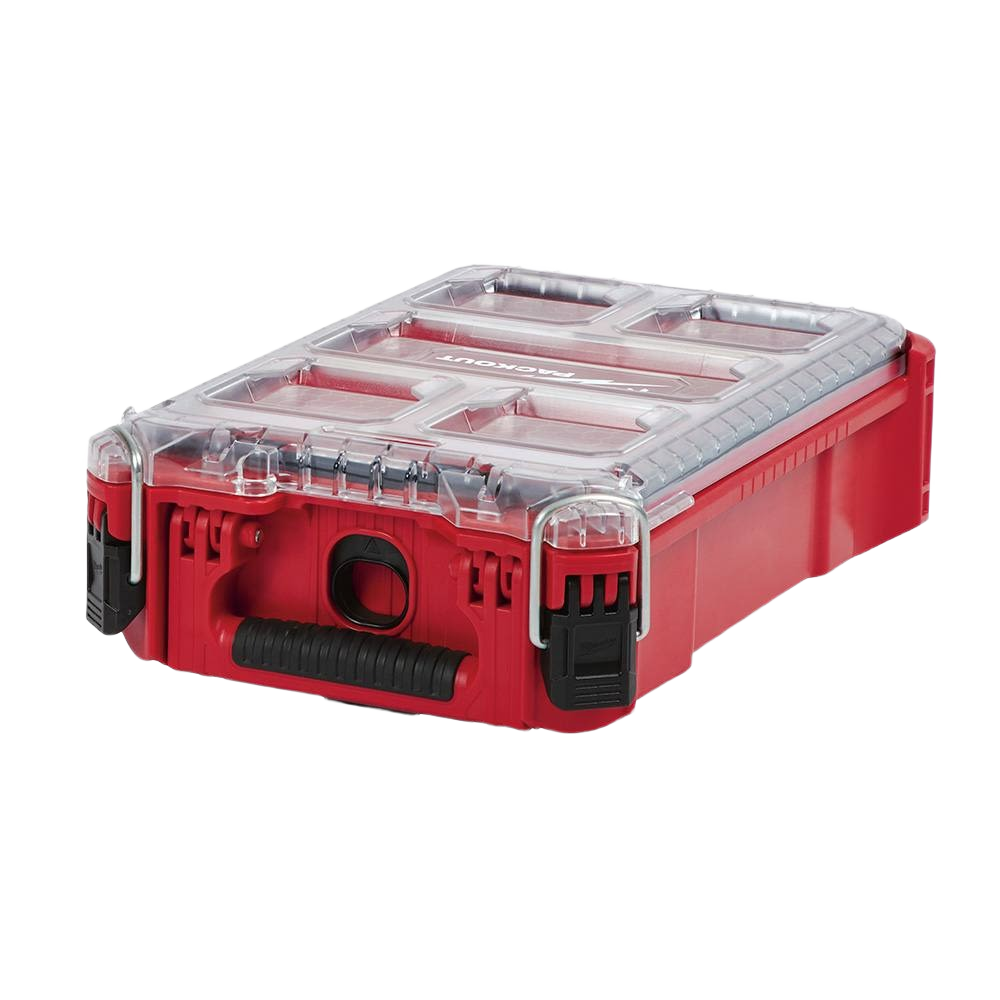 Compact red storage organizer with clear lid and secure latches for tool storage and workshop organization under $100 collections