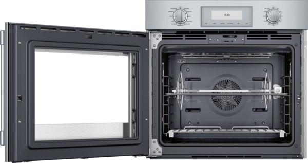 Open stainless steel single wall oven with digital display and dual control knobs, part of Thermador kitchen appliances collection
