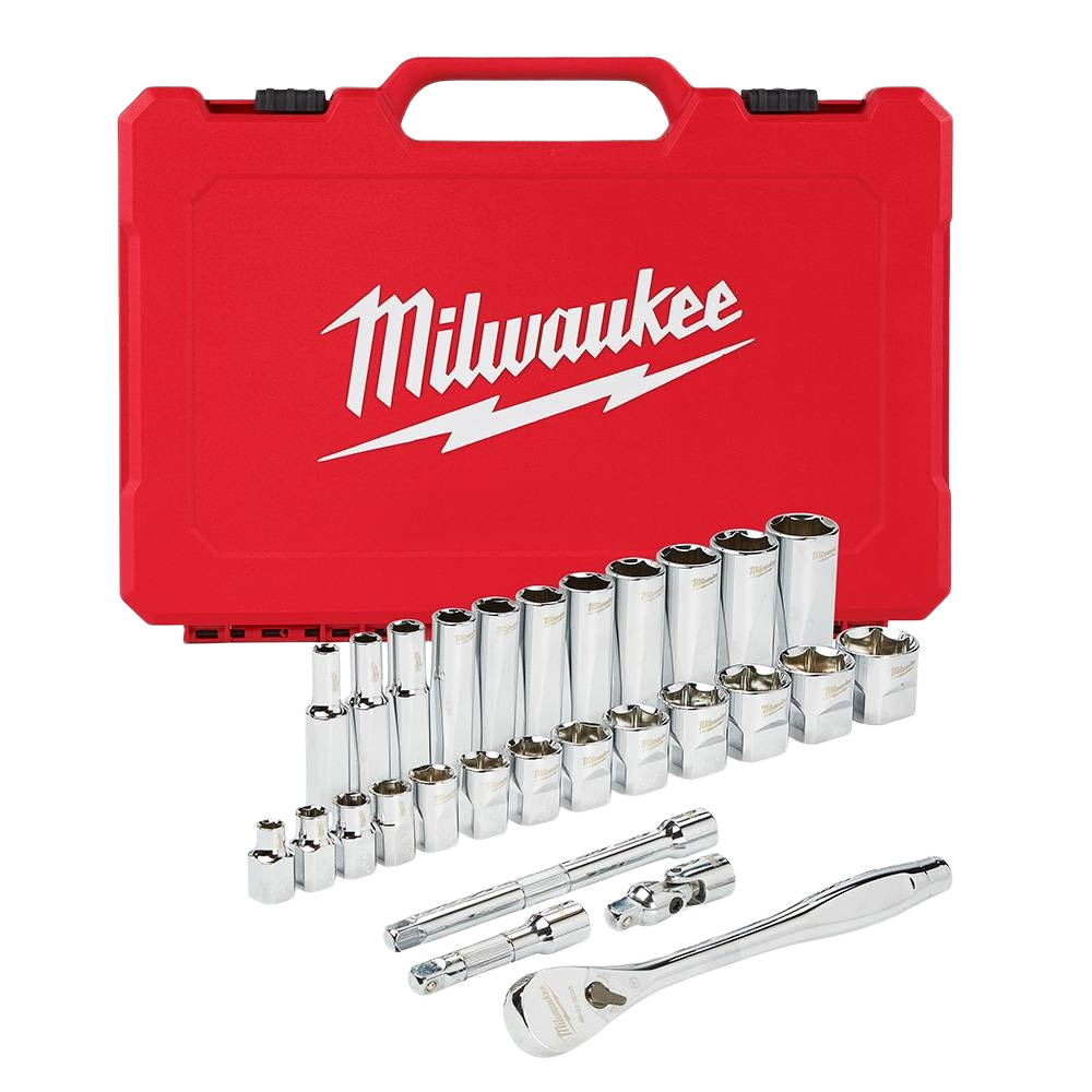 Red Milwaukee tool case with chrome sockets and ratchet set for precise woodworking and home improvement tasks