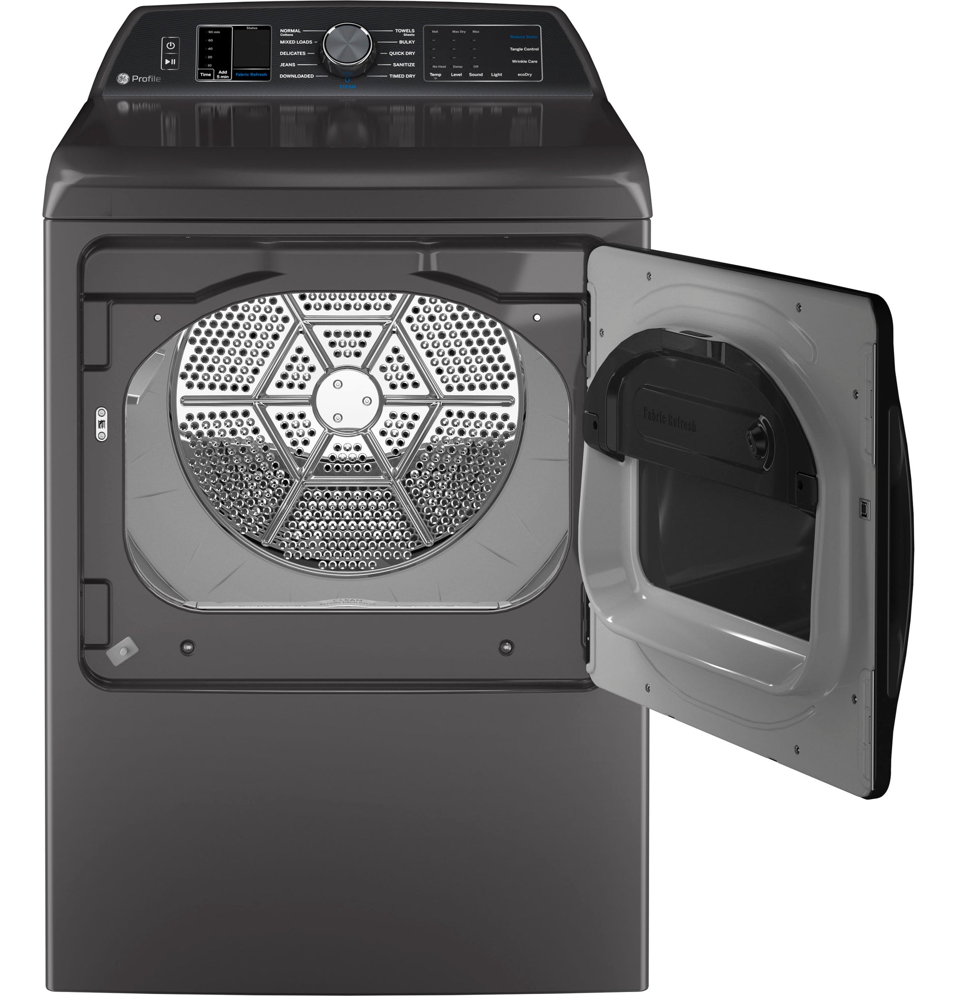 Black smart gas dryer with open door showing stainless steel drum in Dryers and Appliances collections