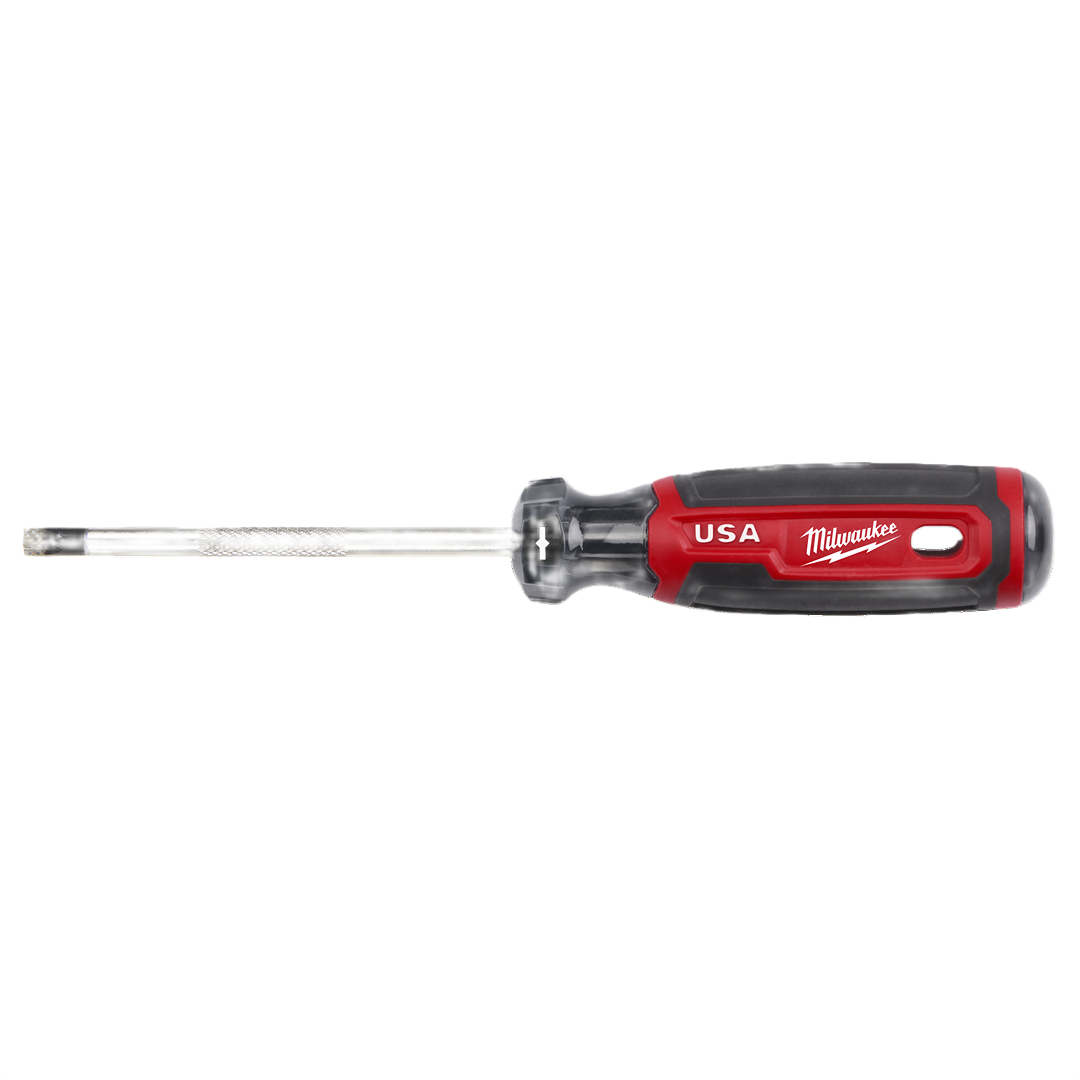 Red and black Milwaukee screwdriver with textured cushion grip handle for comfortable home improvement use