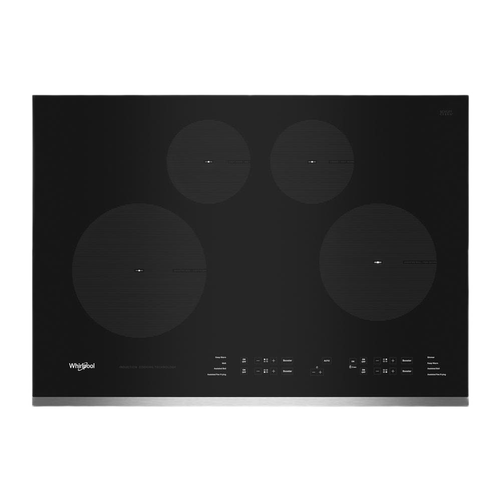 Black induction cooktop with four cooking zones and touch control panel in kitchen appliances and cooktops collection