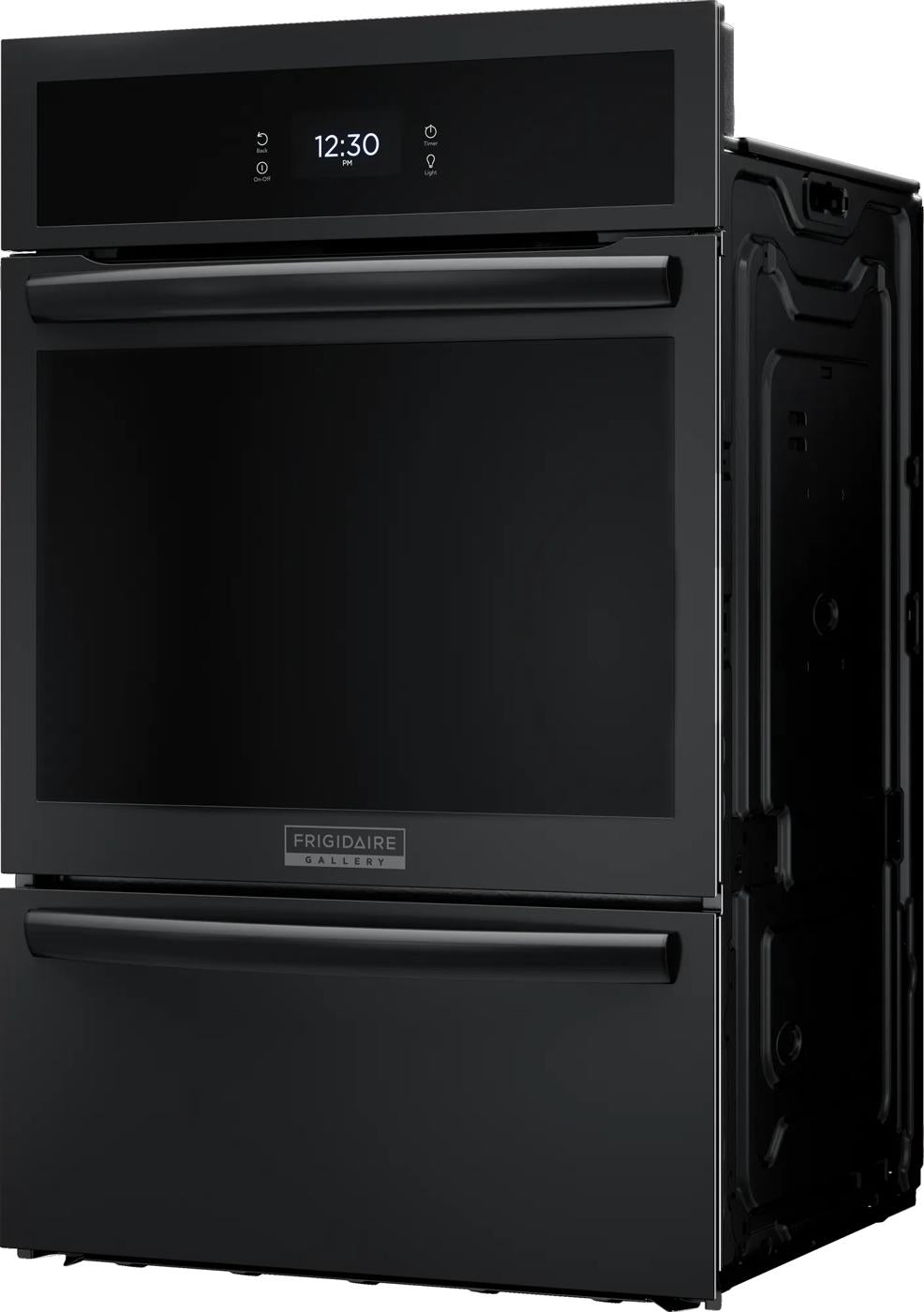 Black single gas wall oven with digital display and sleek handles in modern kitchen appliance setting