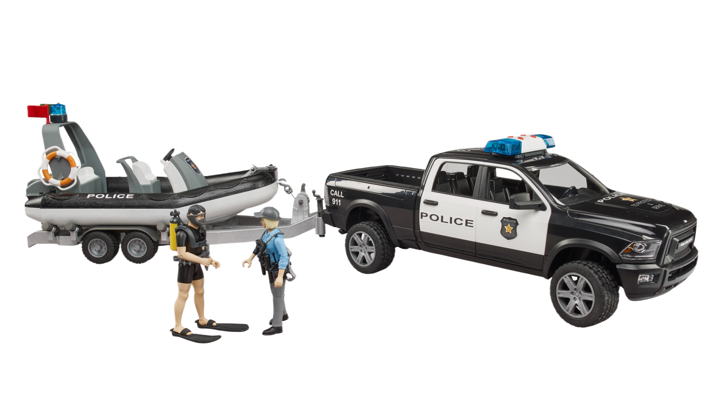 Black and white police pickup truck with trailer carrying a patrol boat and two officer figures for role play