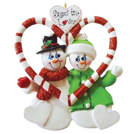 Snow couple ornament holding a red and white candy cane heart with "Snow in Love" sign for Christmas decoration under $50