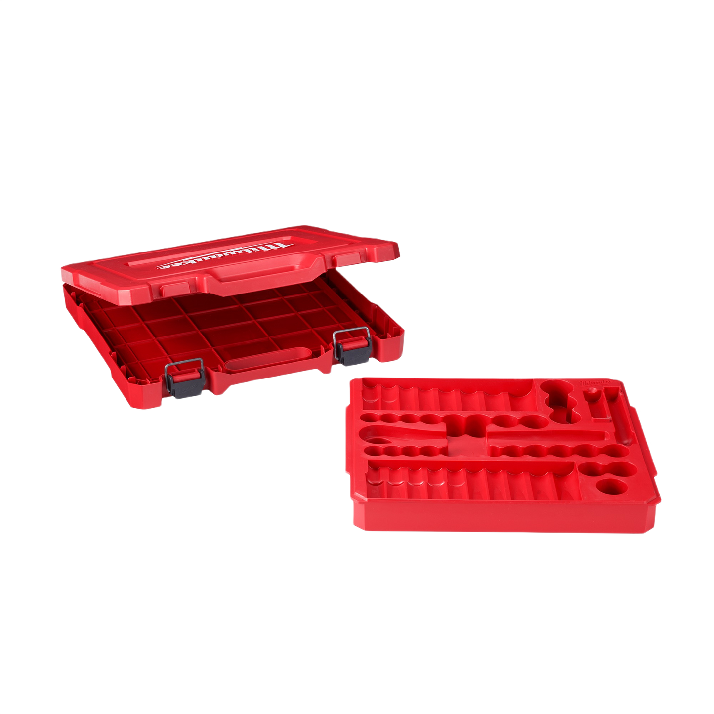 Red plastic tool case with removable inner tray designed for socket and ratchet organization in hand tools collections