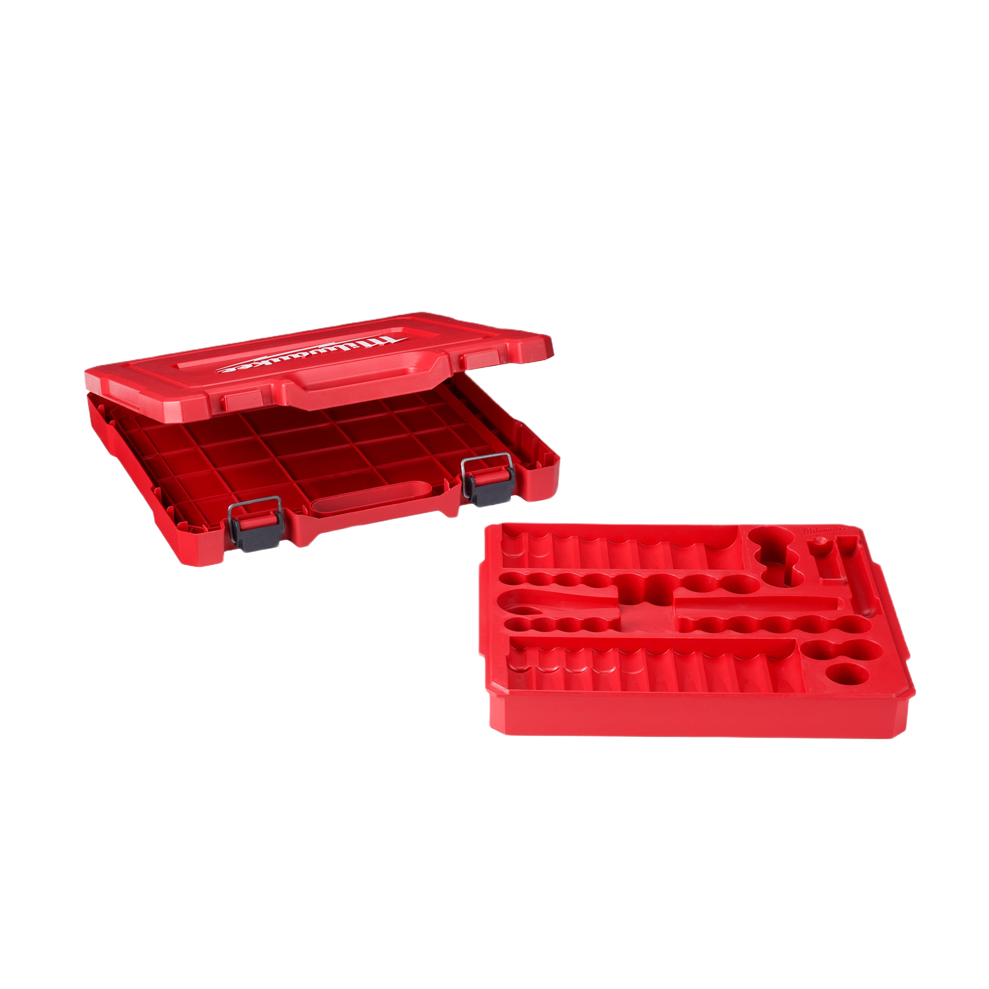 Red plastic tool case with removable inner tray designed for socket and ratchet organization in hand tools collections