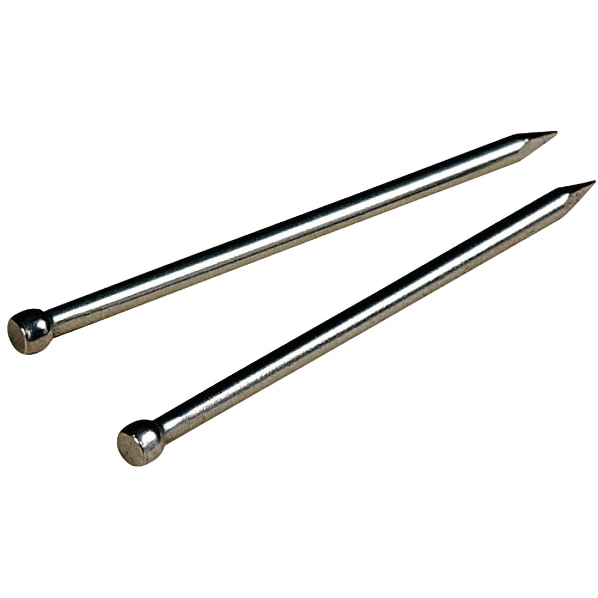 Two pointed silver metal wire brads with round heads for fastening in hardware and DIY projects under $25.